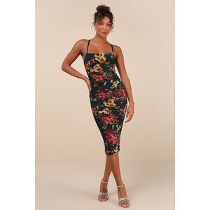 Lulus Date Night Beauty Dark Green Floral Print Mesh Ruched Midi Dress - Size M